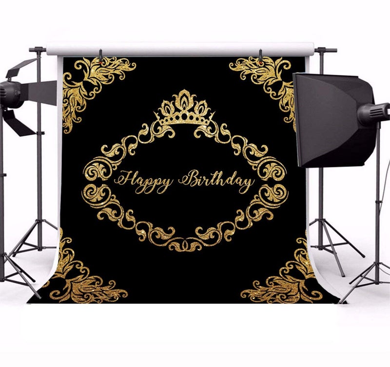 LFEEY 8x8ft Father Mother Birthday Party Backdrop for Photos Black Background Gold Crown Flower Pattern Adutls 30th 40th 50th Birthday Parties Photo Booth Props - Image 3